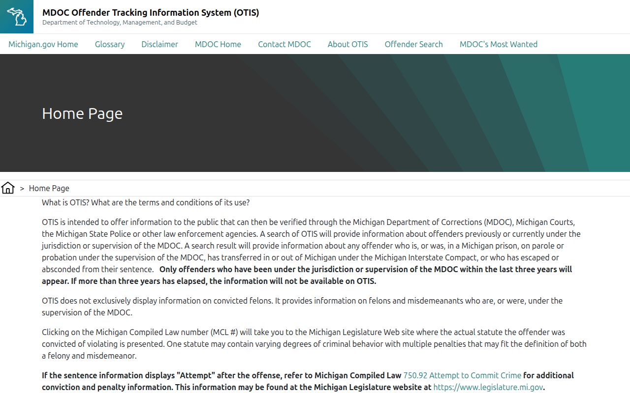 Presque Isle County post-release supervision filters in the MDOC offender search