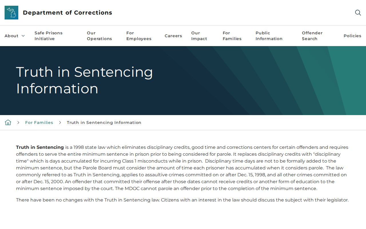 Presque Isle County release date lookup and Michigan truth-in-sentencing rule