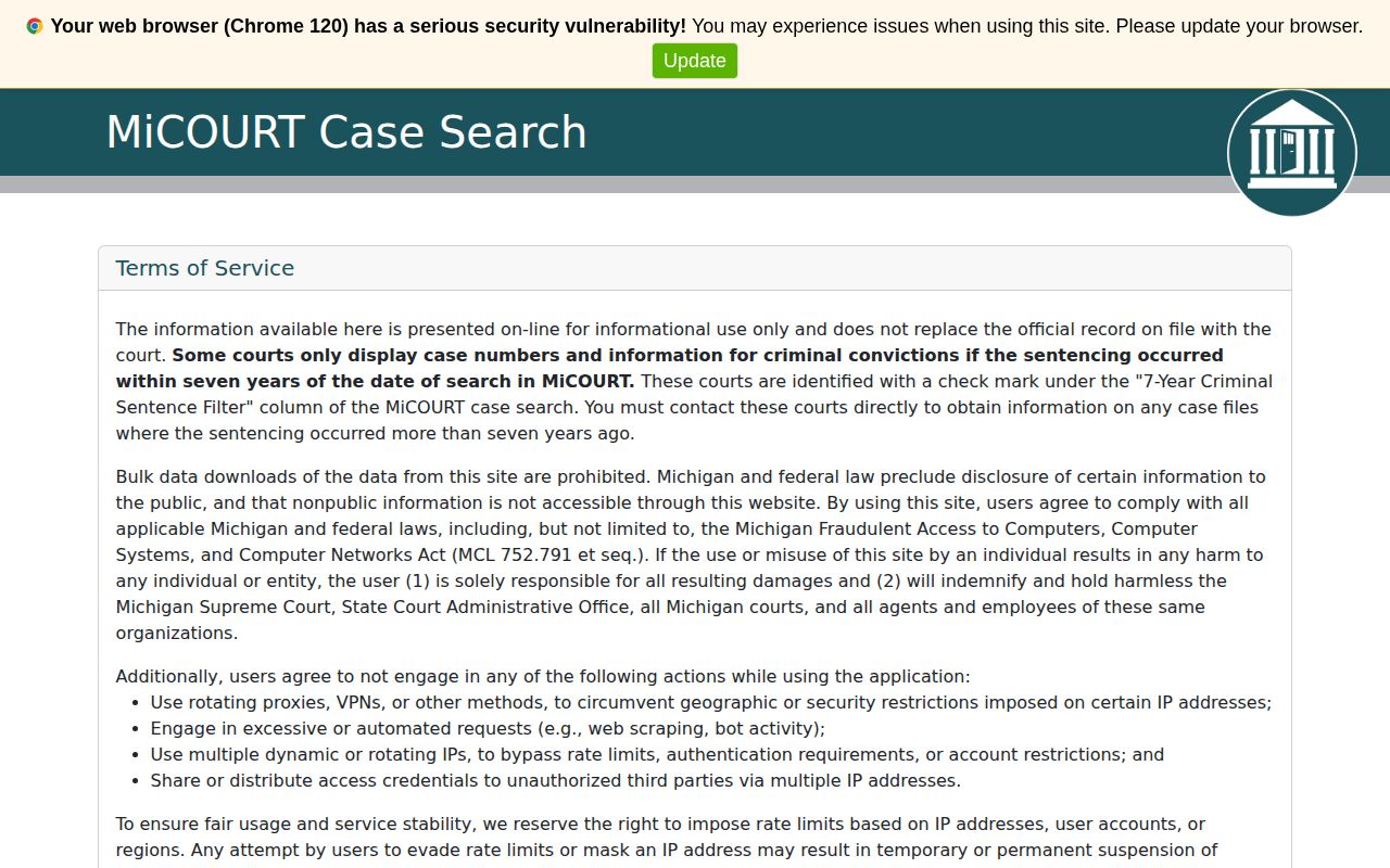 MiCOURT case and party search for Presque Isle County release records